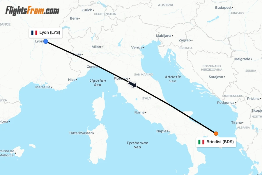 Flights from Lyon to Brindisi route map