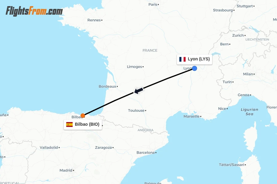 Flights from Lyon to Bilbao route map