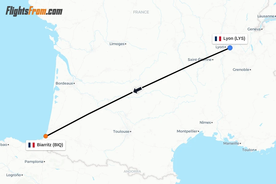 Flights from Lyon to Biarritz route map