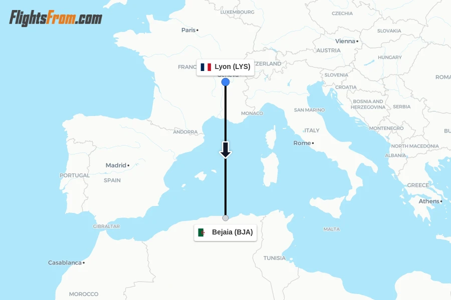 Flights from Lyon to Bejaia route map