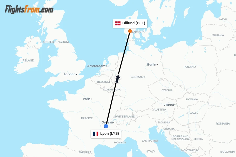 Flights from Lyon to Billund route map