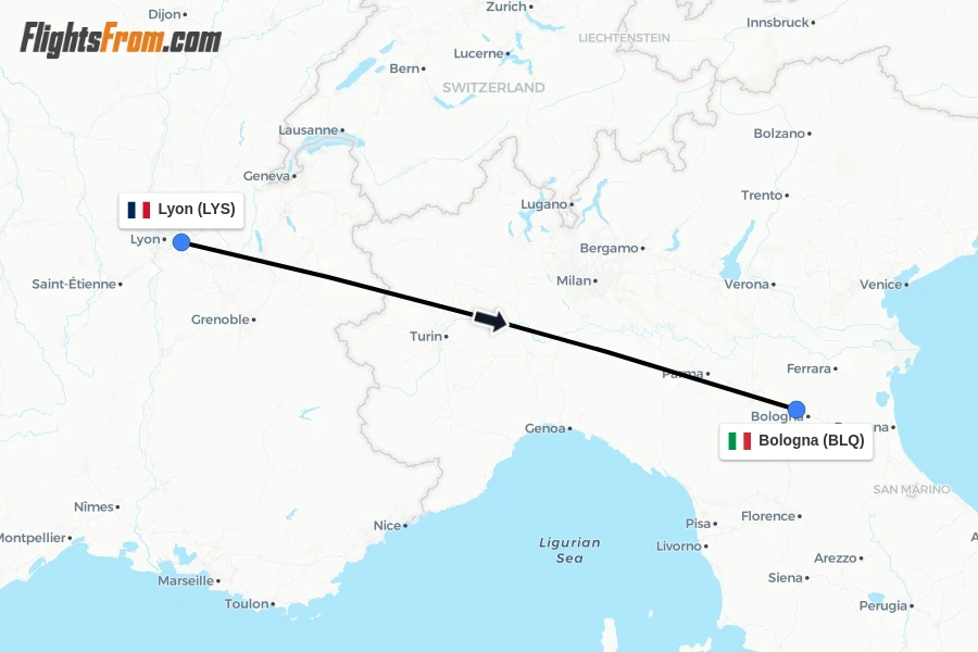 Flights from Lyon to Bologna route map