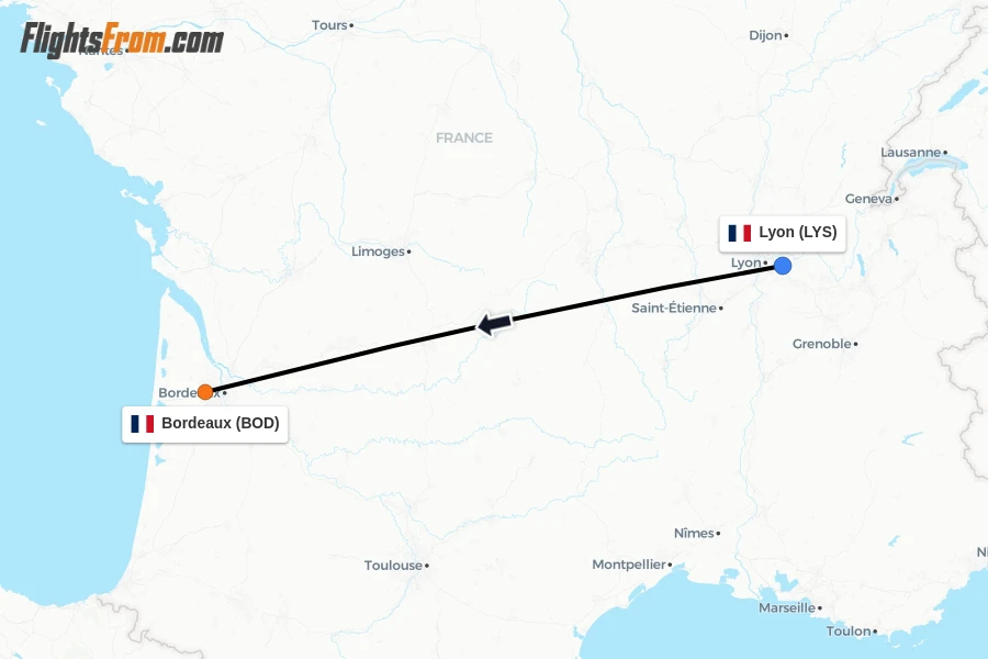 Flights from Lyon to Bordeaux route map