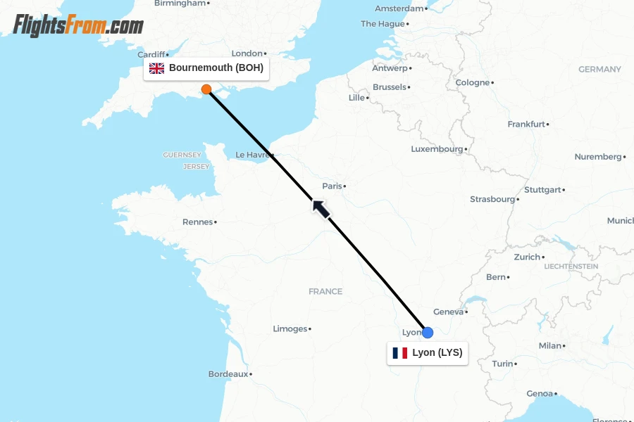 Flights from Lyon to Bournemouth route map