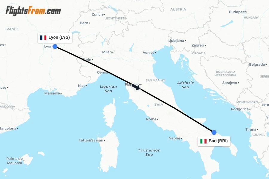 Flights from Lyon to Bari route map