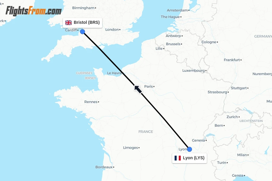 Flights from Lyon to Bristol route map