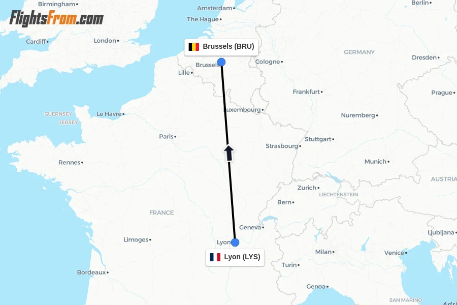 Flights from Lyon to Brussels route map