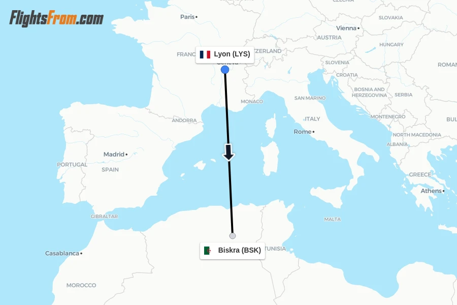 Flights from Lyon to Biskra route map