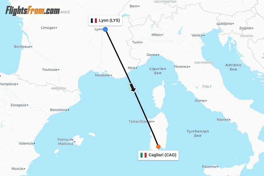 Flights from Lyon to Cagliari route map