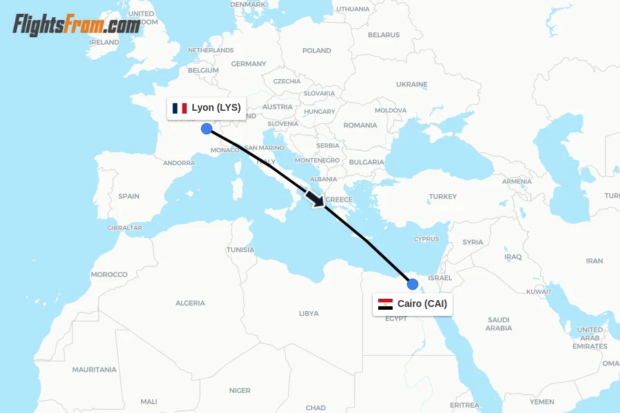 Flights from Lyon to Cairo route map