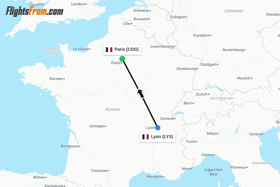 Flights from Lyon to Paris route map
