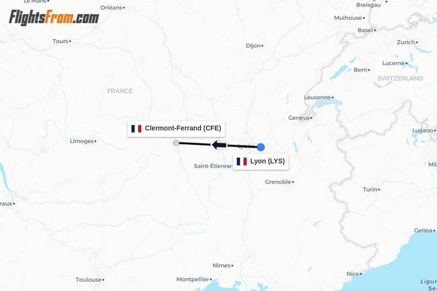 Flights from Lyon to Clermont-Ferrand route map