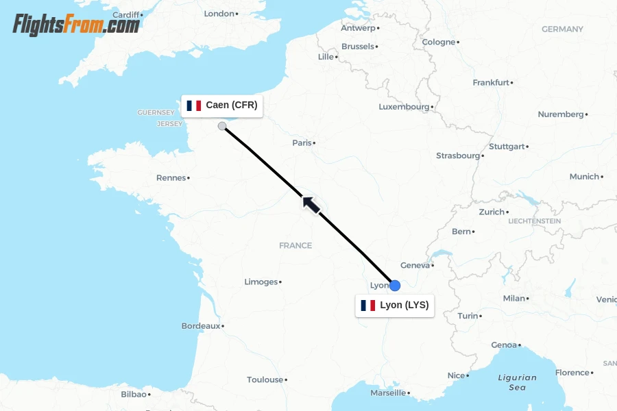 Flights from Lyon to Caen route map