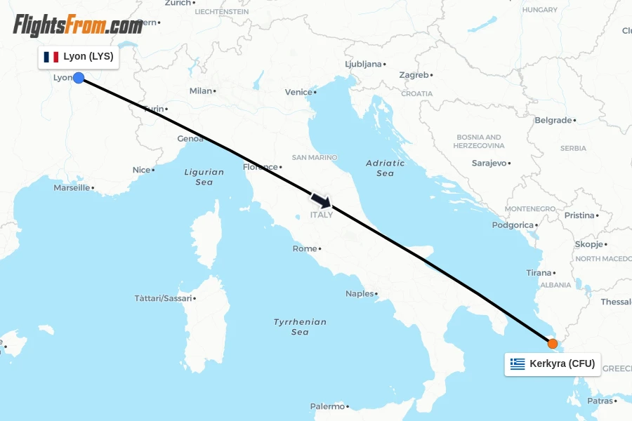 Flights from Lyon to Kerkyra route map