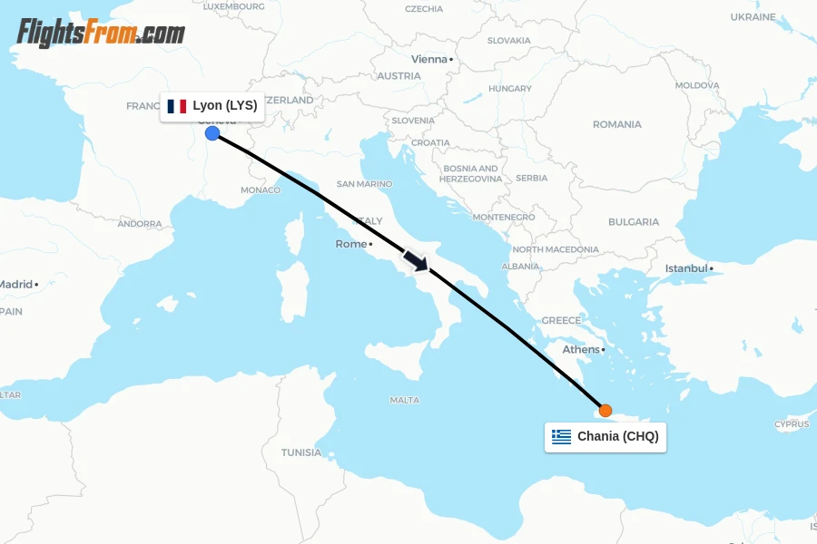 Flights from Lyon to Chania route map