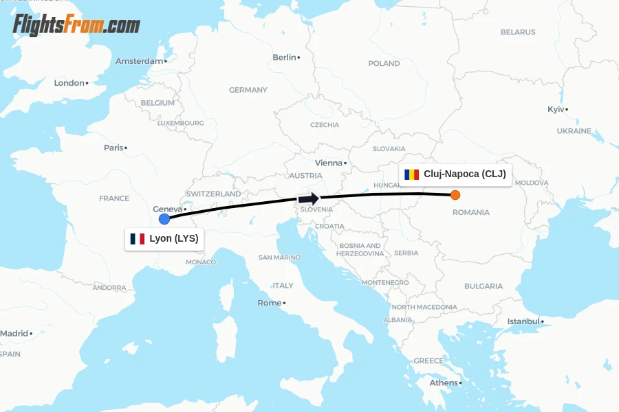 Flights from Lyon to Cluj-Napoca route map