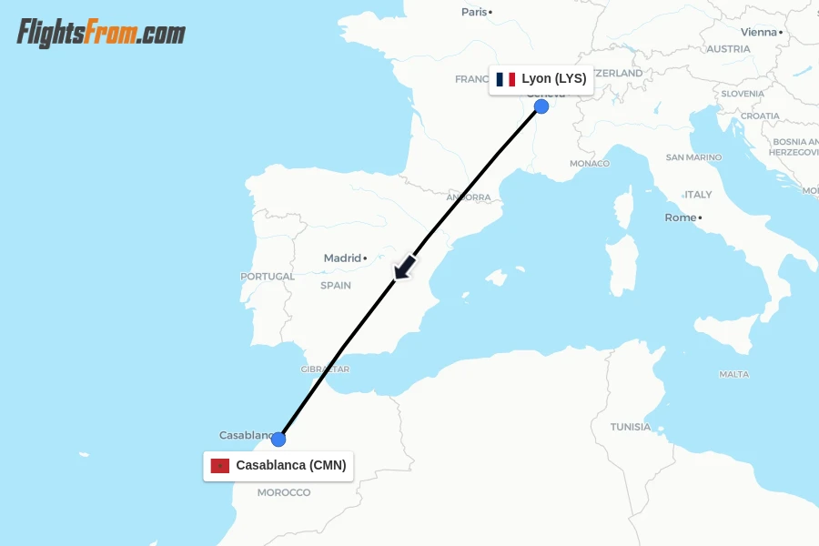 Flights from Lyon to Casablanca route map