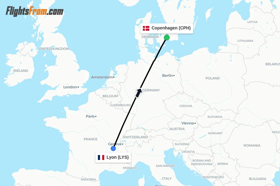 Flights from Lyon to Copenhagen route map