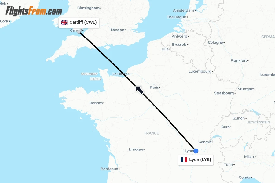 Flights from Lyon to Cardiff route map