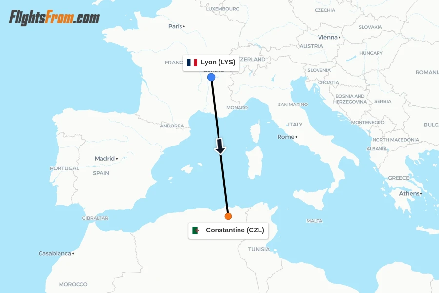 Flights from Lyon to Constantine route map