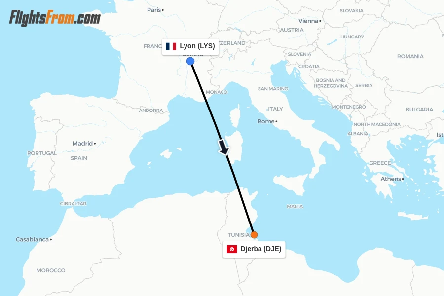 Flights from Lyon to Djerba route map