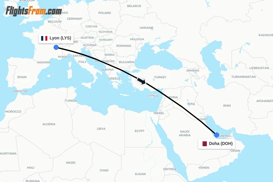 Flights from Lyon to Doha route map