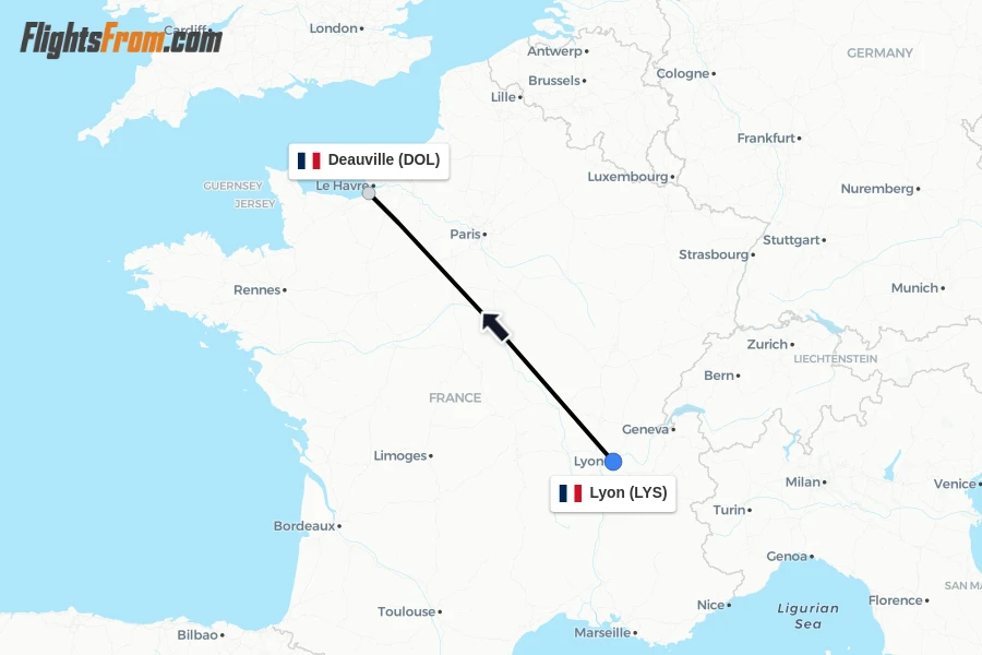 Flights from Lyon to Deauville route map
