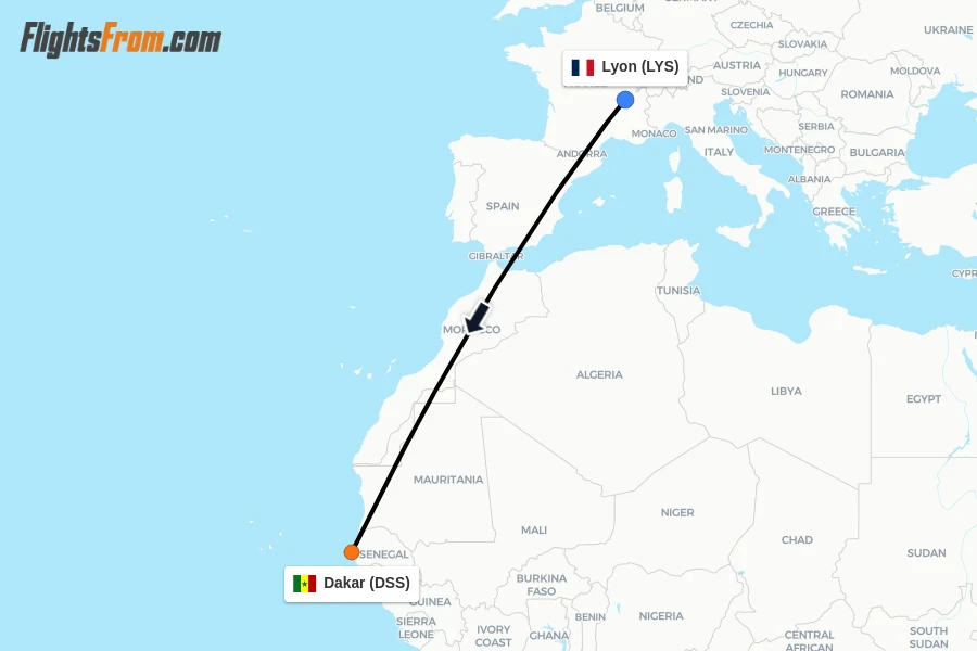 Flights from Lyon to Dakar route map