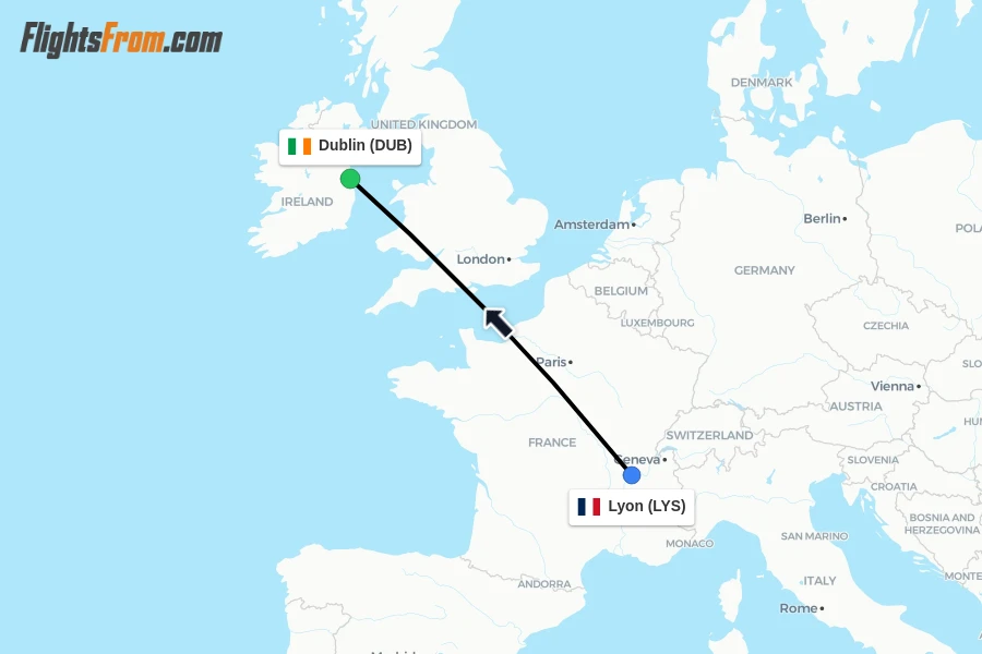 Flights from Lyon to Dublin route map