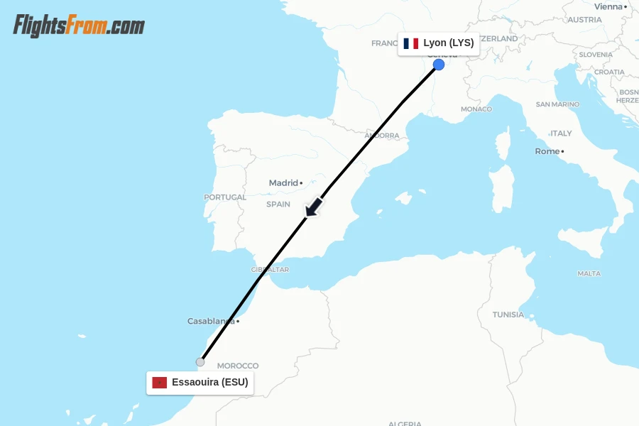 Flights from Lyon to Essaouira route map