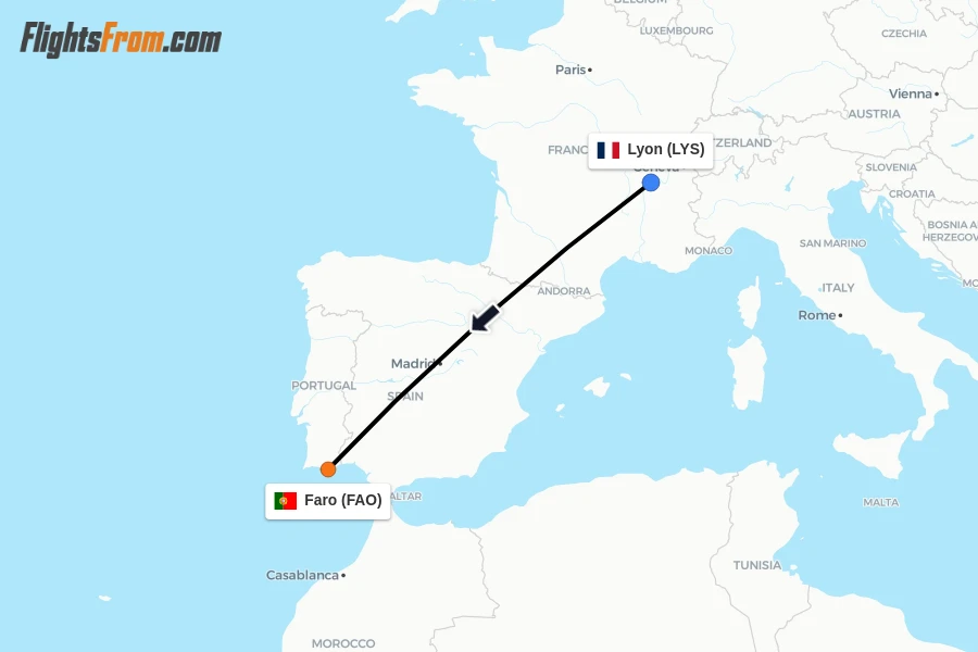 Flights from Lyon to Faro route map