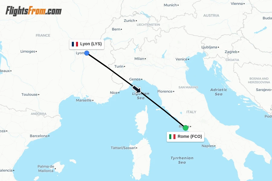 Flights from Lyon to Rome route map