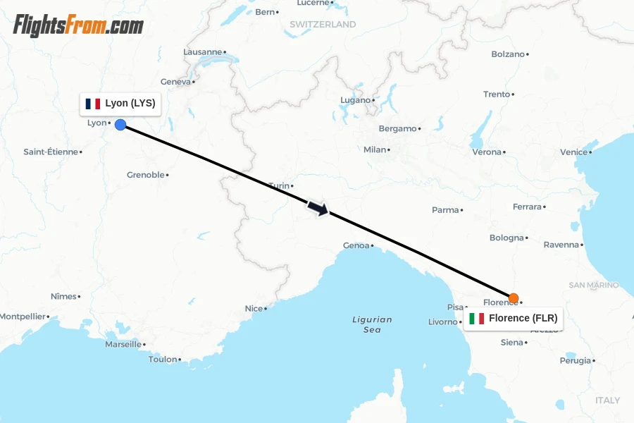 Flights from Lyon to Florence route map