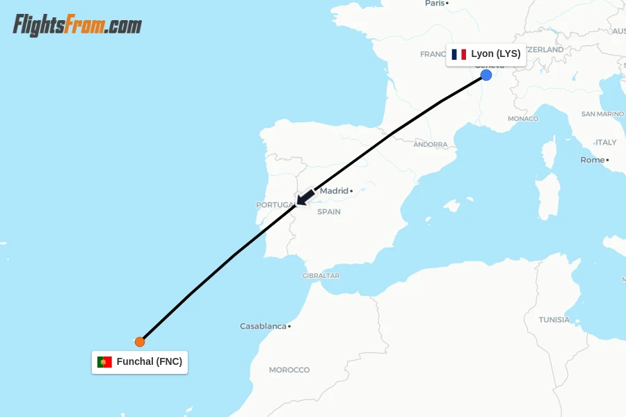Flights from Lyon to Funchal route map