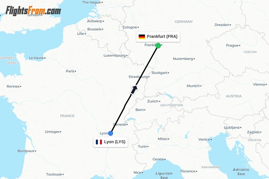 Flights from Lyon to Frankfurt route map