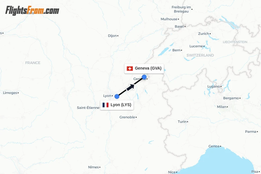 Flights from Lyon to Geneva route map
