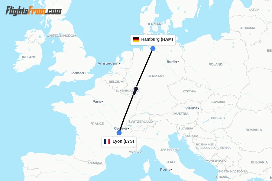 Flights from Lyon to Hamburg route map