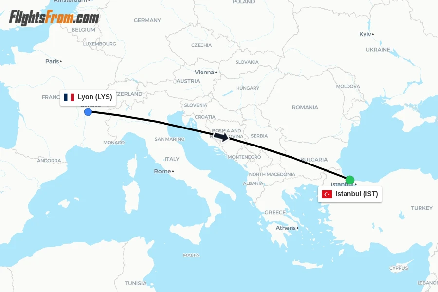 Flights from Lyon to Istanbul route map