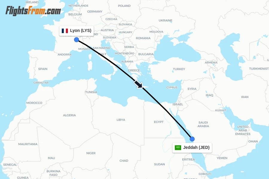 Flights from Lyon to Jeddah route map