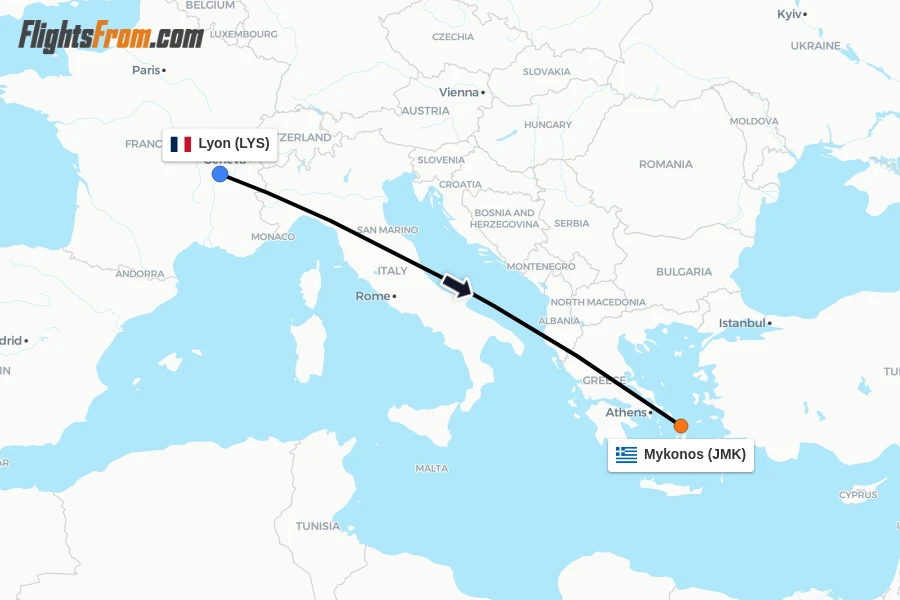 Flights from Lyon to Mykonos route map
