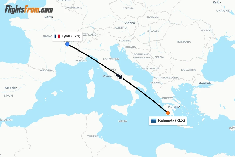 Flights from Lyon to Kalamata route map