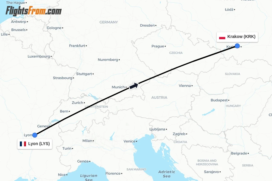 Flights from Lyon to Krakow route map