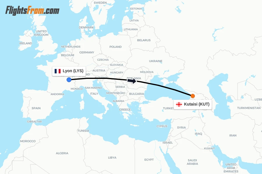 Flights from Lyon to Kutaisi route map