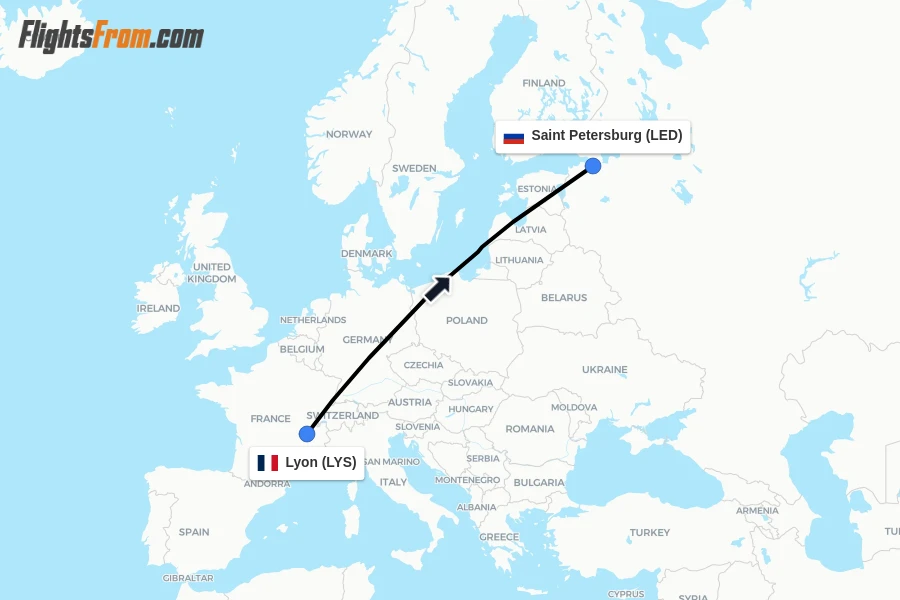 Flights from Lyon to Saint Petersburg route map