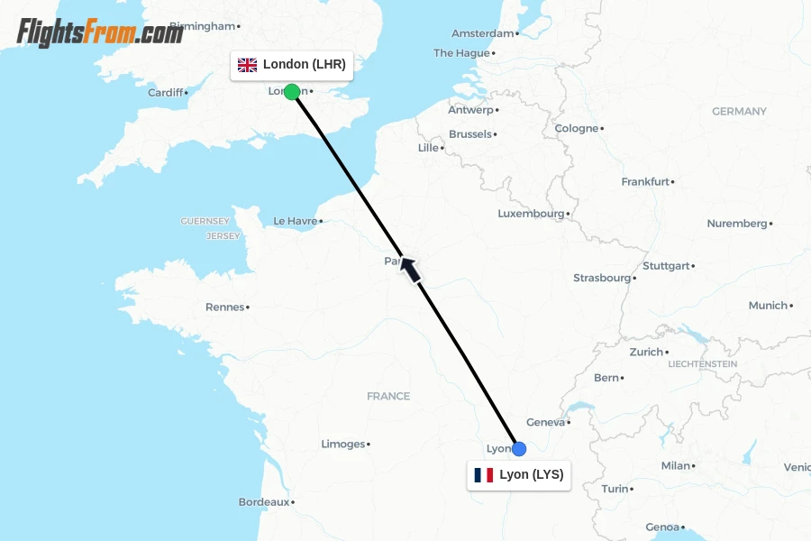 Flights from Lyon to London route map
