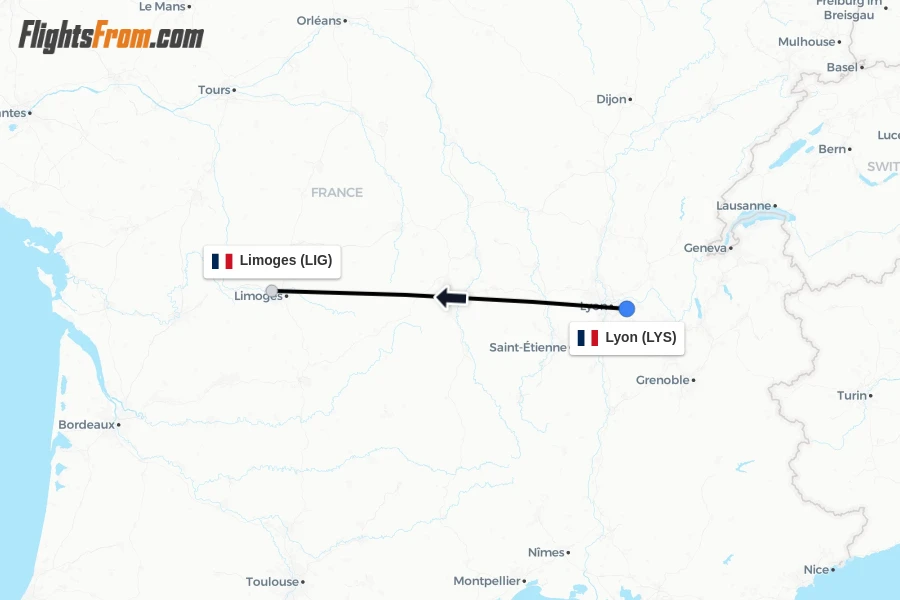 Flights from Lyon to Limoges route map