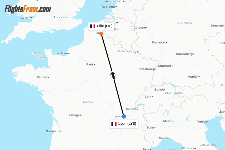 Flights from Lyon to Lille route map