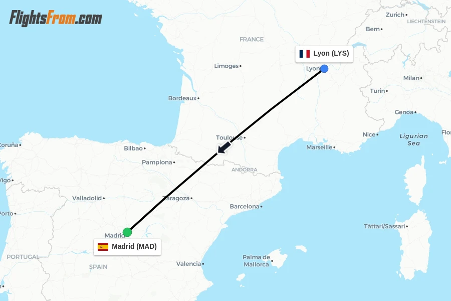 Flights from Lyon to Madrid route map