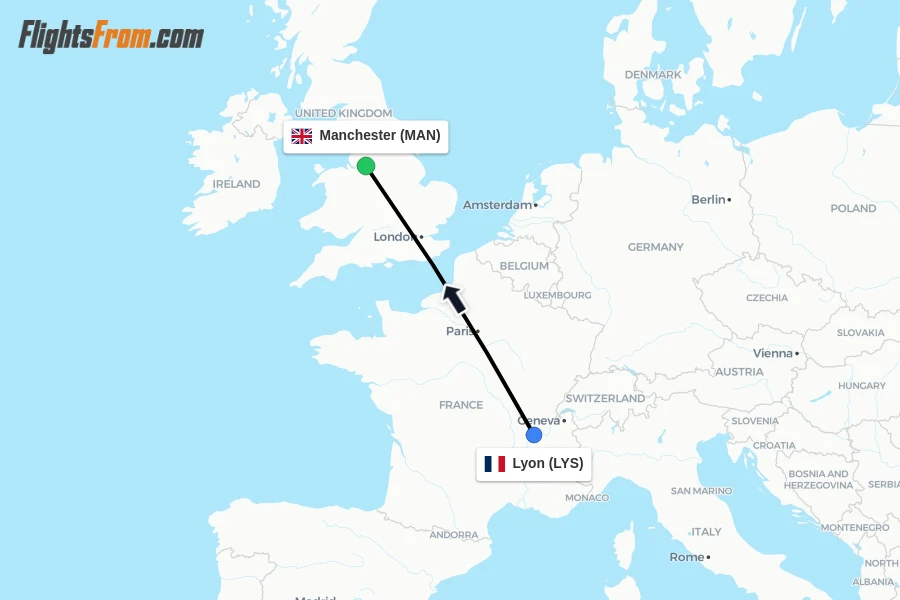Flights from Lyon to Manchester route map