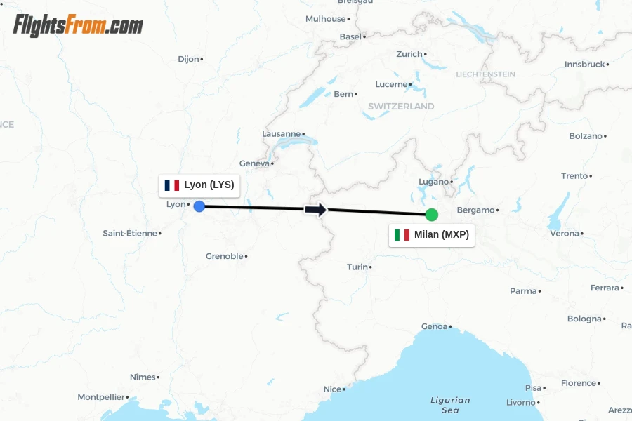 Flights from Lyon to Milan route map
